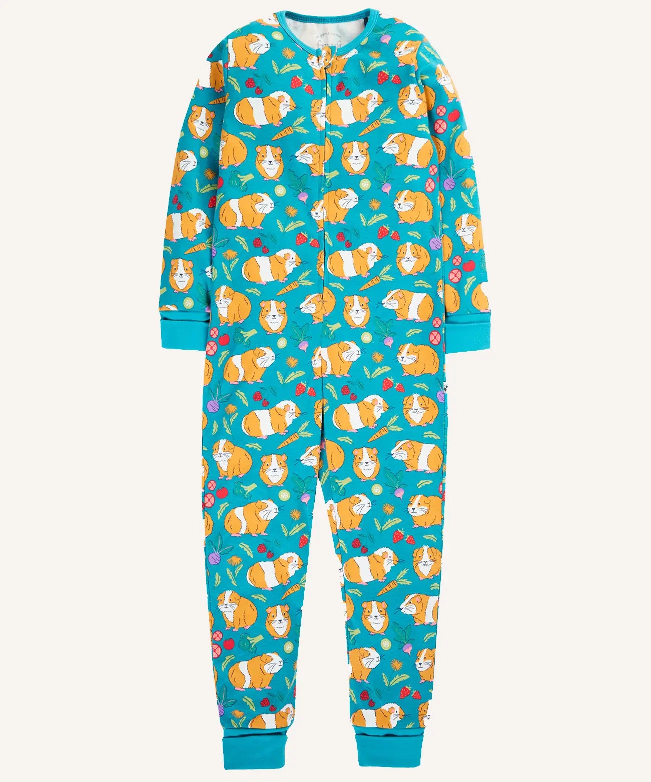 Frugi Zelah organic cooton kids zip up all in one in with a blue guinea pig muddle all over print. 