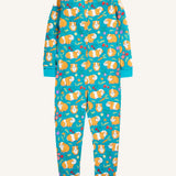 Frugi Zelah organic cooton kids zip up all in one in with a blue guinea pig muddle all over print. 