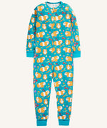 Frugi Zelah organic cooton kids zip up all in one in with a blue guinea pig muddle all over print. 