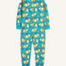 Frugi Zelah organic cooton kids zip up all in one in with a blue guinea pig muddle all over print. 
