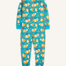 Frugi Zelah organic cooton kids zip up all in one in with a blue guinea pig muddle all over print. 