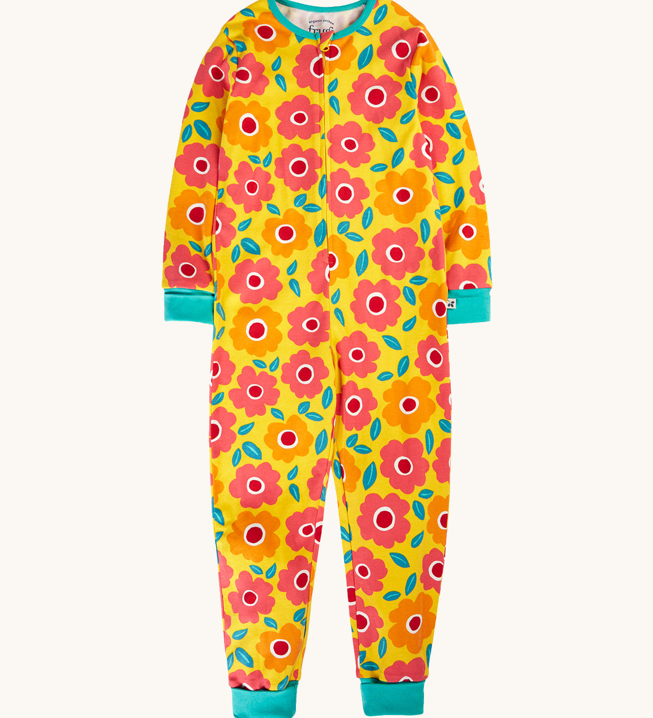 Frugi zelah zip up all in one with a floral fields print design. A bright yellow organic cotton all in one with pink and orange flowers all over with turquoise coloured arm and leg cuffs and collar trim.