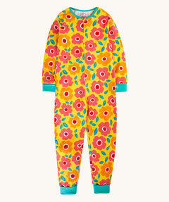 Frugi zelah zip up all in one with a floral fields print design. A bright yellow organic cotton all in one with pink and orange flowers all over with turquoise coloured arm and leg cuffs and collar trim.
