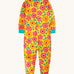 Frugi zelah zip up all in one with a floral fields print design. A bright yellow organic cotton all in one with pink and orange flowers all over with turquoise coloured arm and leg cuffs and collar trim.