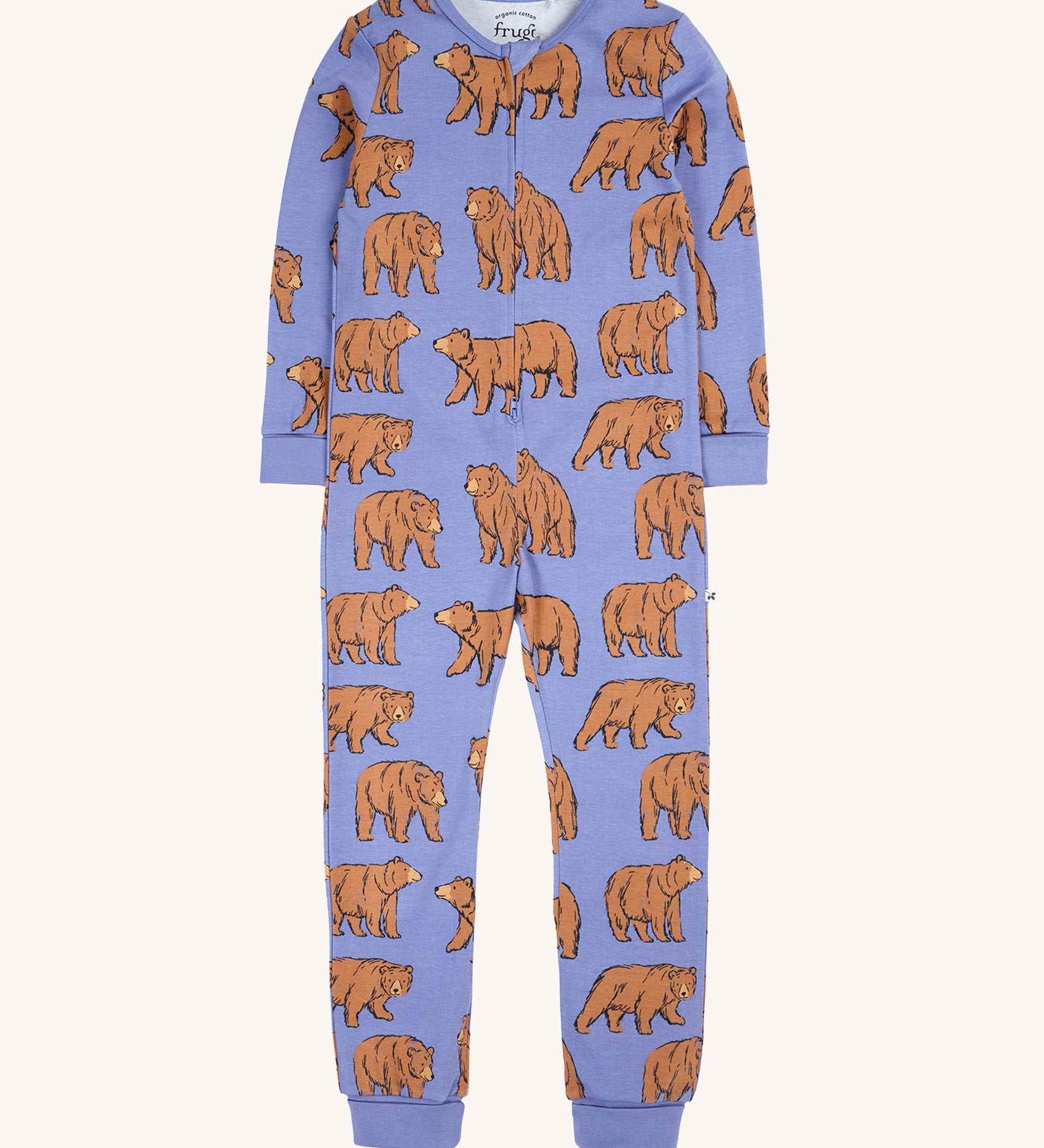 A Frugi Zelah grape purple coloured zup up all in one featuring a beary wild brown bear print design.
