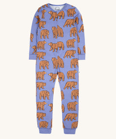 A Frugi Zelah grape purple coloured zup up all in one featuring a beary wild brown bear print design.
