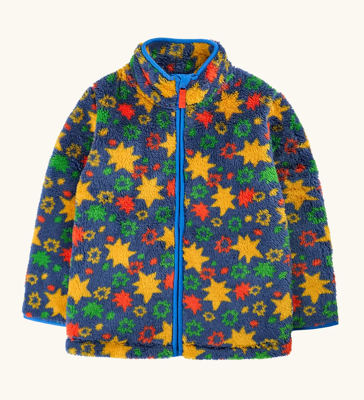 A frugi children's fleece zip-up jacket with a colorful star and floral pattern on a navy blue background, featuring a bright blue zipper and collar trim.
