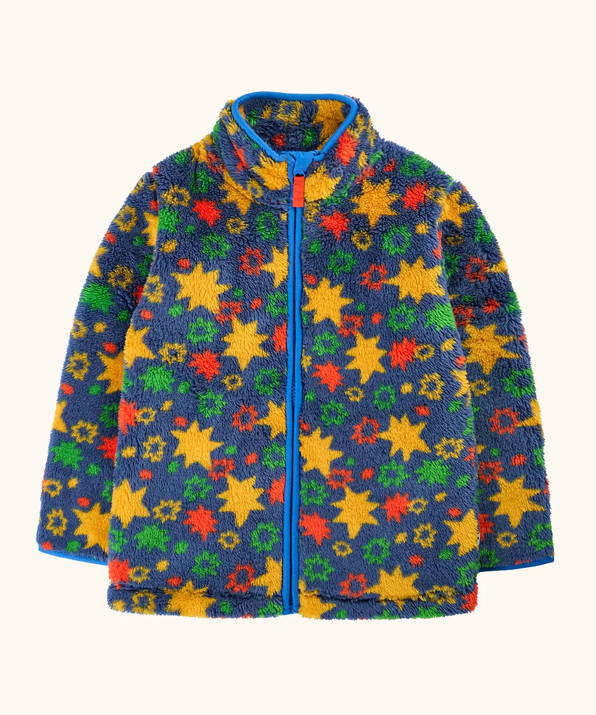 A frugi children's fleece zip-up jacket with a colorful star and floral pattern on a navy blue background, featuring a bright blue zipper and collar trim.