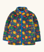 A frugi children's fleece zip-up jacket with a colorful star and floral pattern on a navy blue background, featuring a bright blue zipper and collar trim.