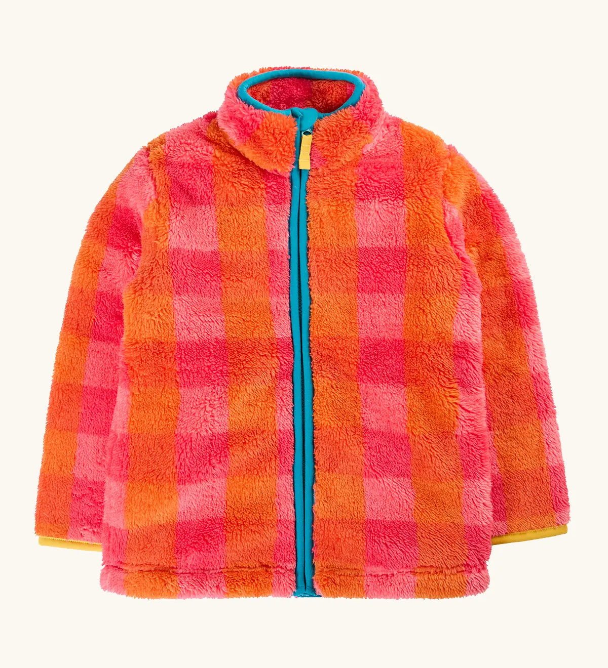 A frugi fuzzy zip-up fleece jacket with a vibrant pink and orange plaid pattern, a bright turquoise zipper, and a matching turquoise inner collar.