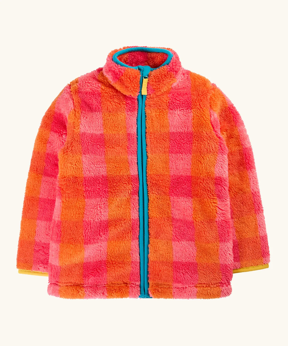 A frugi fuzzy zip-up fleece jacket with a vibrant pink and orange plaid pattern, a bright turquoise zipper, and a matching turquoise inner collar.