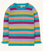 Frugi Zoe knitted jumper wild rainbow stripe top. This child's top is made with organic cotton.
