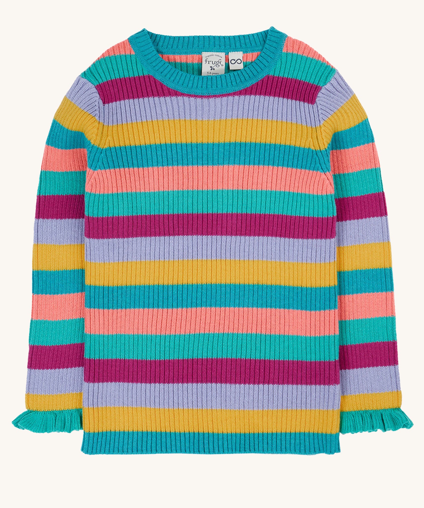 Frugi Zoe knitted jumper wild rainbow stripe top. This child's top is made with organic cotton.