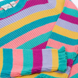 The Frugi Zoe knitted jumper wild rainbow stripe top. This child's top is made with organic cotton. The photo shows a zoomed in photo focusing on the sleeves which have turquoise frilled detail on them. 
