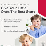 Georganics fluoride free kids toothpaste infographic showing key oral health benefits 