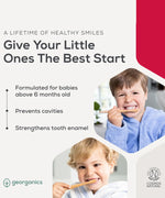 Georganics fluoride free kids toothpaste infographic showing key oral health benefits 