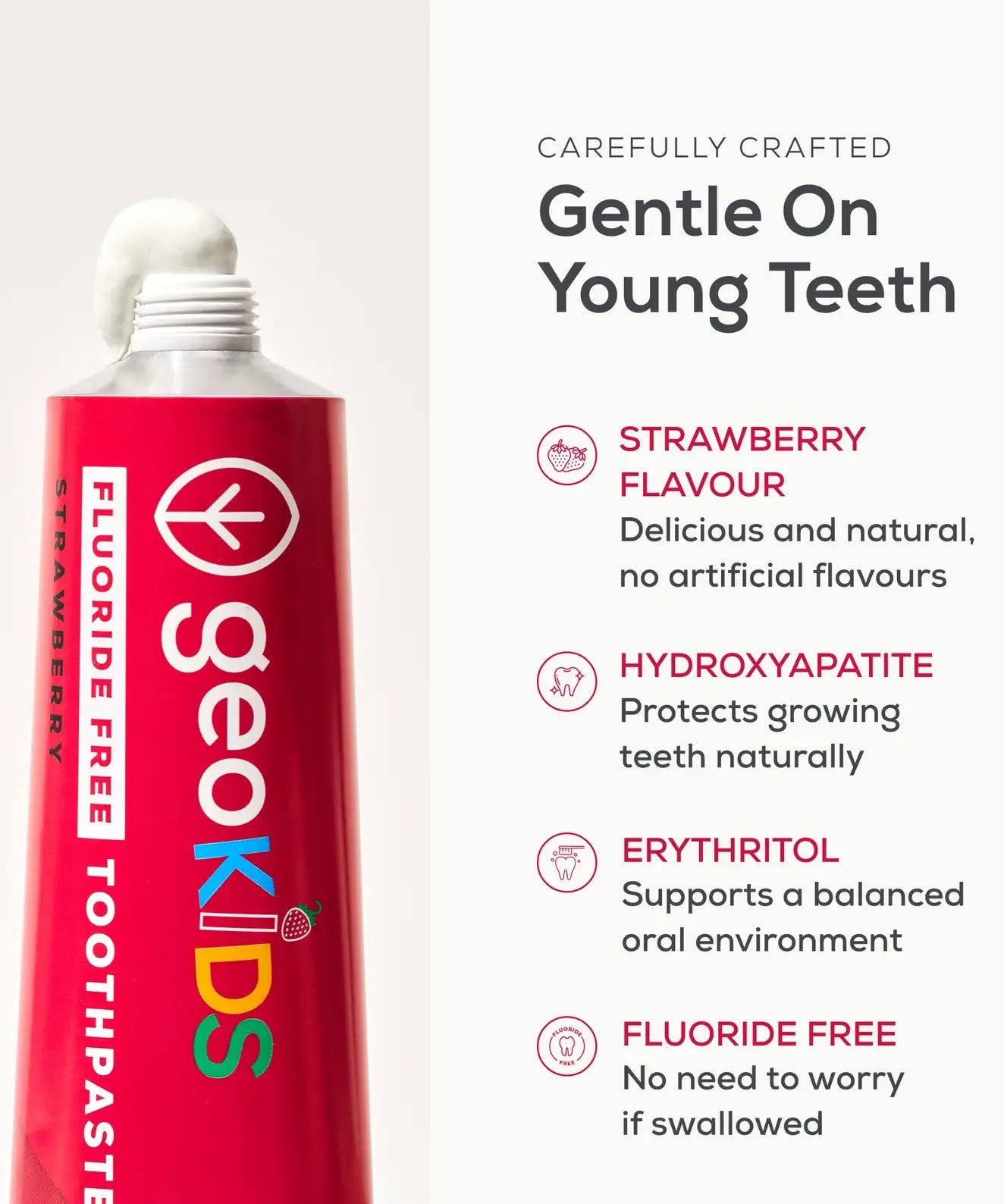 Georganics fluoride free kids toothpaste infographic showing it contains hydroxyapatite, erythritol and strawberry flavour