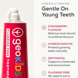 Georganics fluoride free kids toothpaste infographic showing it contains hydroxyapatite, erythritol and strawberry flavour
