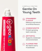 Georganics fluoride free kids toothpaste infographic showing it contains hydroxyapatite, erythritol and strawberry flavour