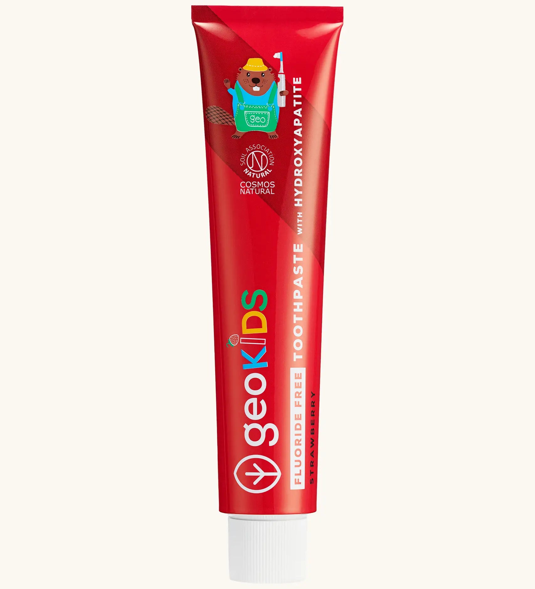 Red tube of Georganics strawberry fluoride free hydroxyapatite toothpaste. Features a playful beaver design and white branding text
