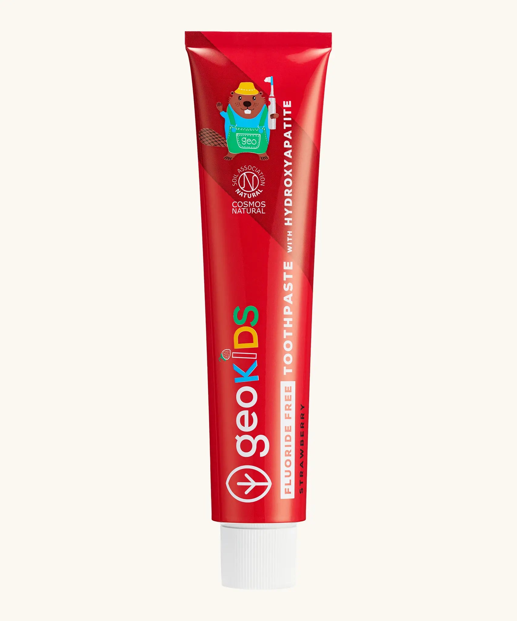 Red tube of Georganics strawberry fluoride free hydroxyapatite toothpaste. Features a playful beaver design and white branding text