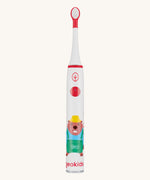 Front view of the Georganics kids sonic toothbrush. White with red detail and a playful beaver design on the handle. 