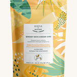 Yellow with leaves ginger gins sweet pouch on a cream background.