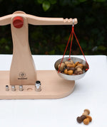 Glückskäfer balance with weights children's weighing scales toy with one side filled with Grapat mushrooms.  