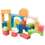 Picture of the Glückskäfer Wooden Bio Geometric Building Blocks; multicoloured wooden blocks in different shapes.