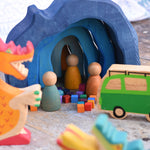The Glückskäfer Blue Grotto used in a small world play scene with Holztiger wooden dragon figures and Grapat Nin peg dolls. 