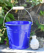 A Glückskäfer Blue Metal Bucket placed on a slate surface next to a Babipur seedbom seed packet.