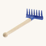 Gluckskafer blue metal rake for kids, features a smooth wooden handle for grip