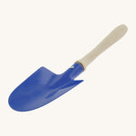 Gluckskafer blue metal shovel in a rounded shape. Features a wooden handle for grip. 