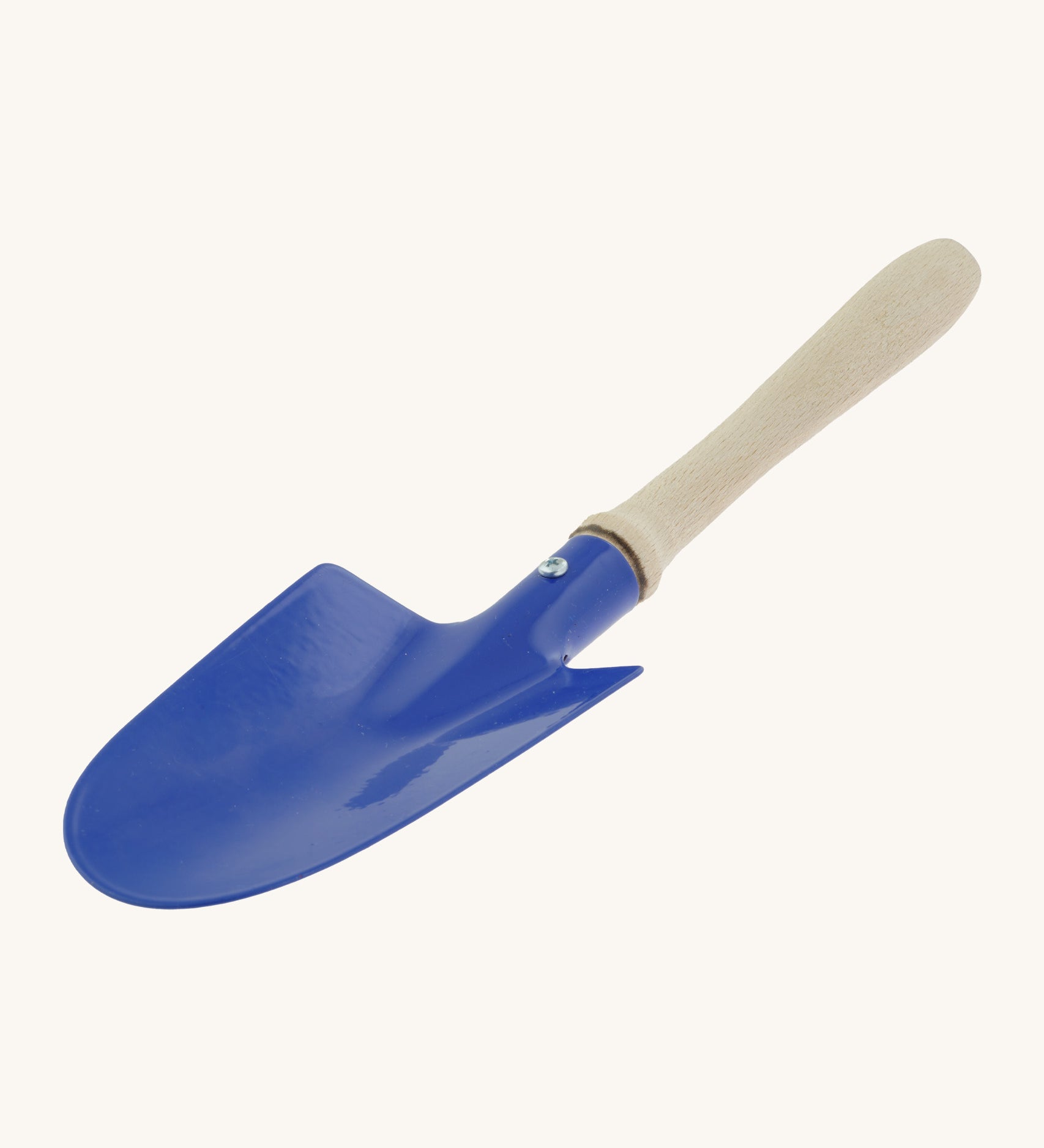 Gluckskafer blue metal shovel in a rounded shape. Features a wooden handle for grip. 