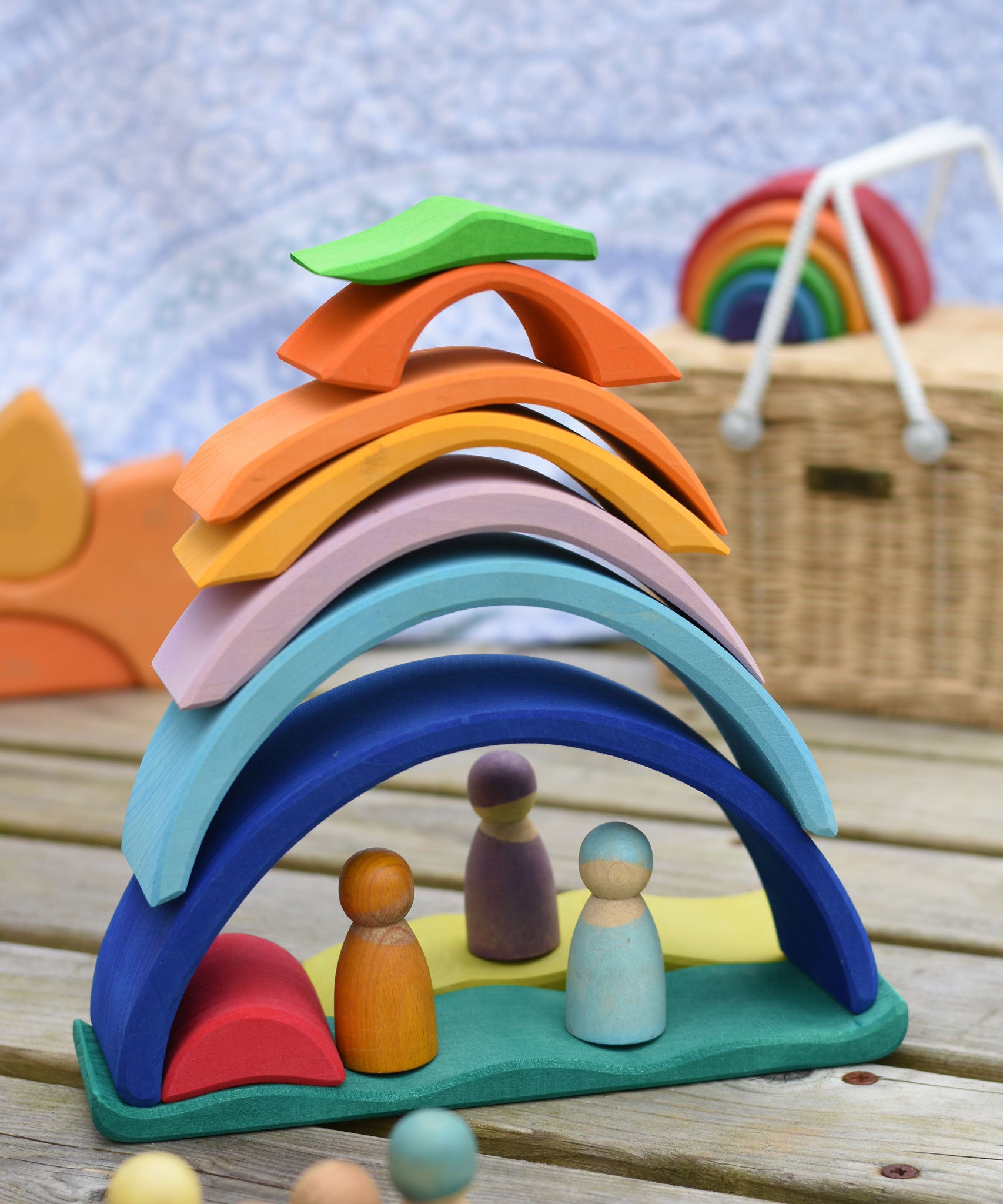 Pieces from the Glückskäfer Sunrise and Sunset Sets stacked up to create a house for Grimm's friends.