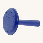 A close up of the spout attatchment for the blue Gluckskafer metal watering can showing the holes where the water flows.