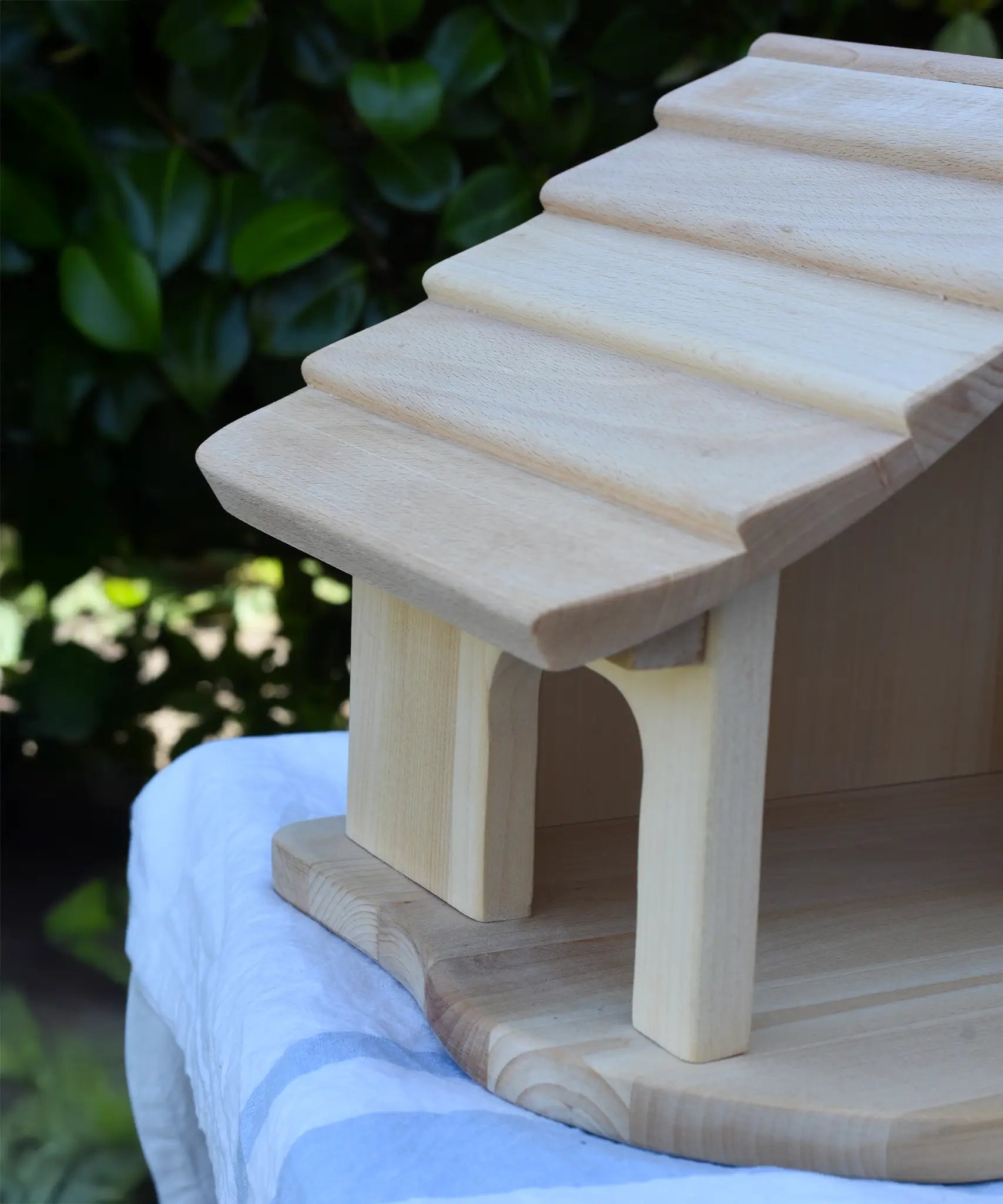 Close up of the roof on the Gluckskafer farm & nativity stable wooden toy building.