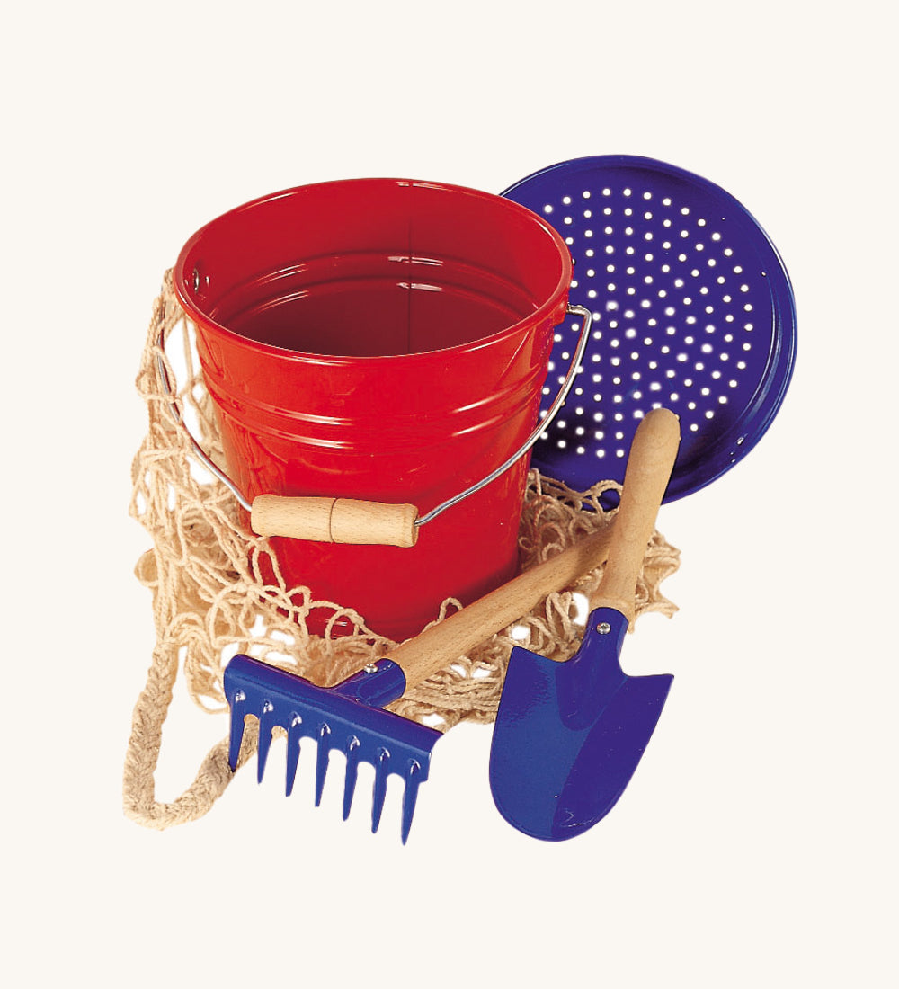 The Gluckskafer outdoor garden toy set, including a metal bucket, sand sieve, round shovel, rake, and cotton net
