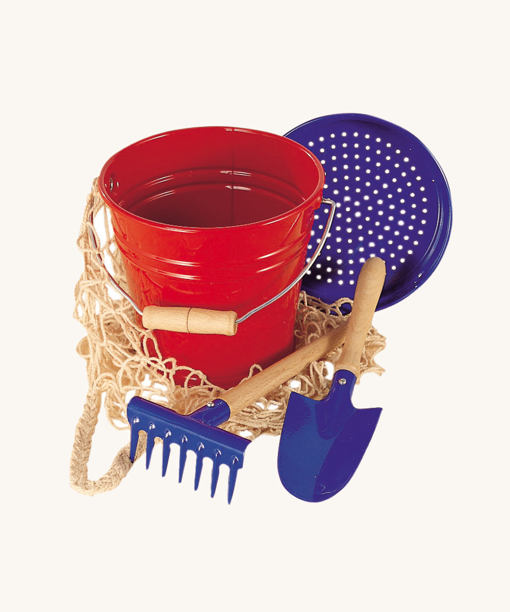 The Gluckskafer outdoor garden toy set, including a metal bucket, sand sieve, round shovel, rake, and cotton net