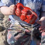 A child holding up a red teddy bear shaped sand mould.