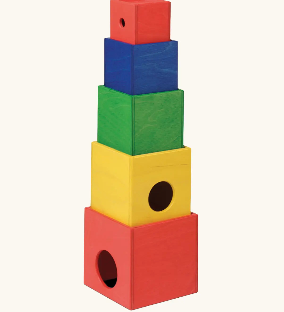 Nic Toys stack n cubes rainbow coloured stacking boxes with circular holes. 