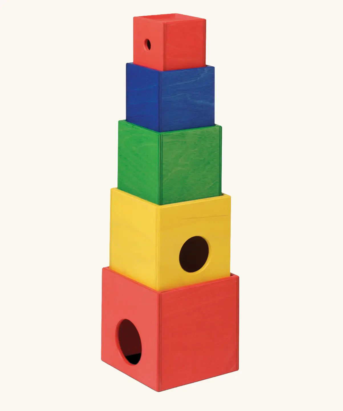 Nic Toys stack n cubes rainbow coloured stacking boxes with circular holes. 