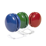 3 wooden Gluckskafer yoyo toys in blue, green and red on a white background