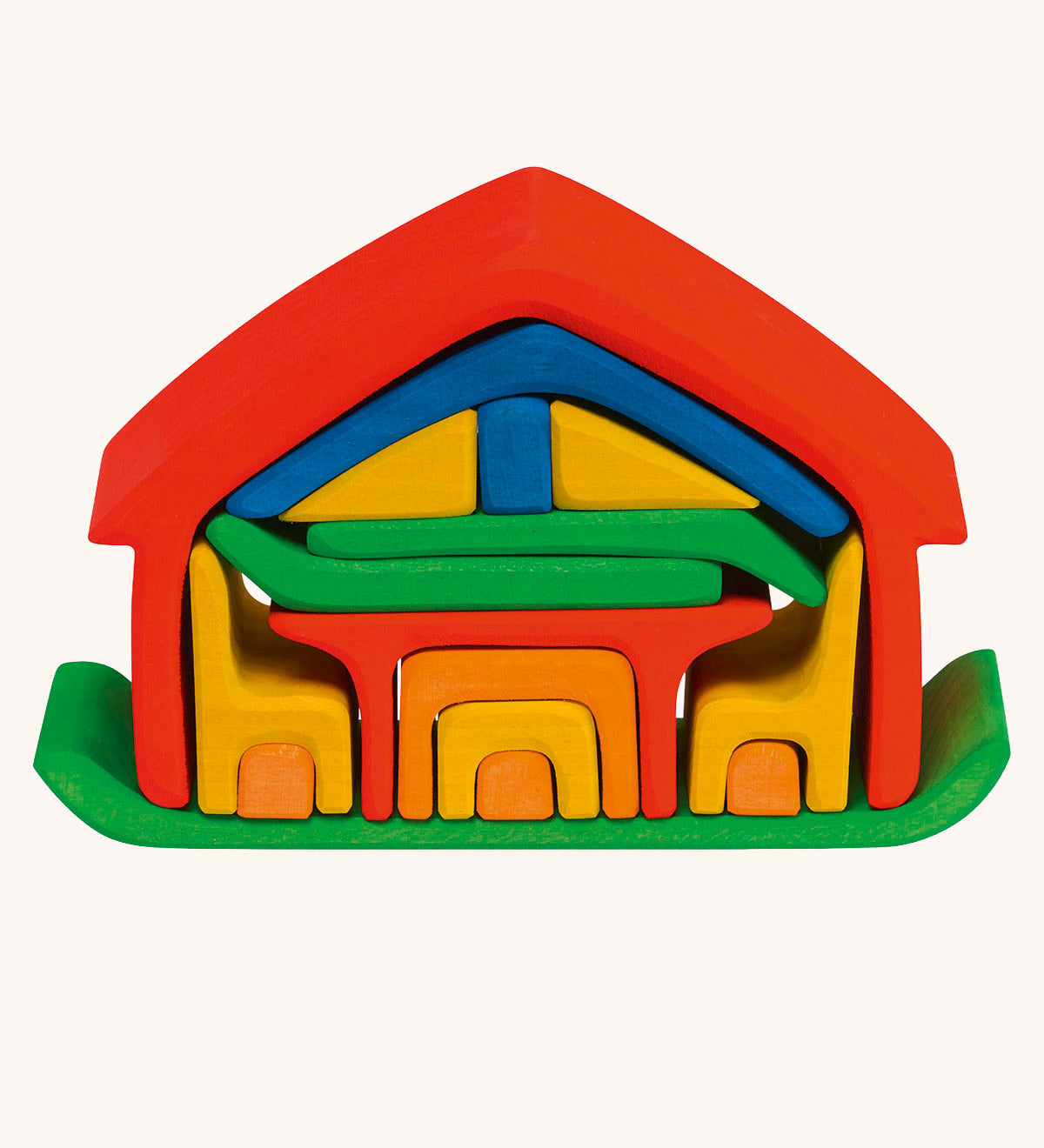Glückskäfer All-in House Rainbow wooden stacking toy with all the pieces neatly stacked in the house shape.