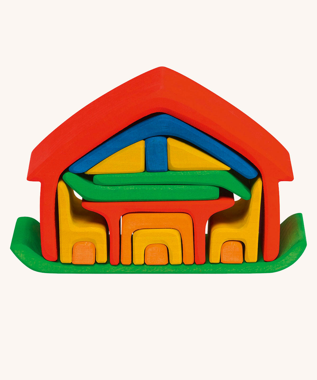Glückskäfer All-in House Rainbow wooden stacking toy with all the pieces neatly stacked in the house shape.