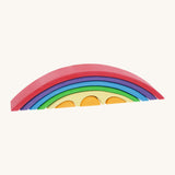 Gluckskafer wooden rainbow stacker toy. Features 4 arched handcut and hand painted pieces in red purple blue green and yellow. Also features 3 orange pieces that slot into the smallest yellow arch piece 