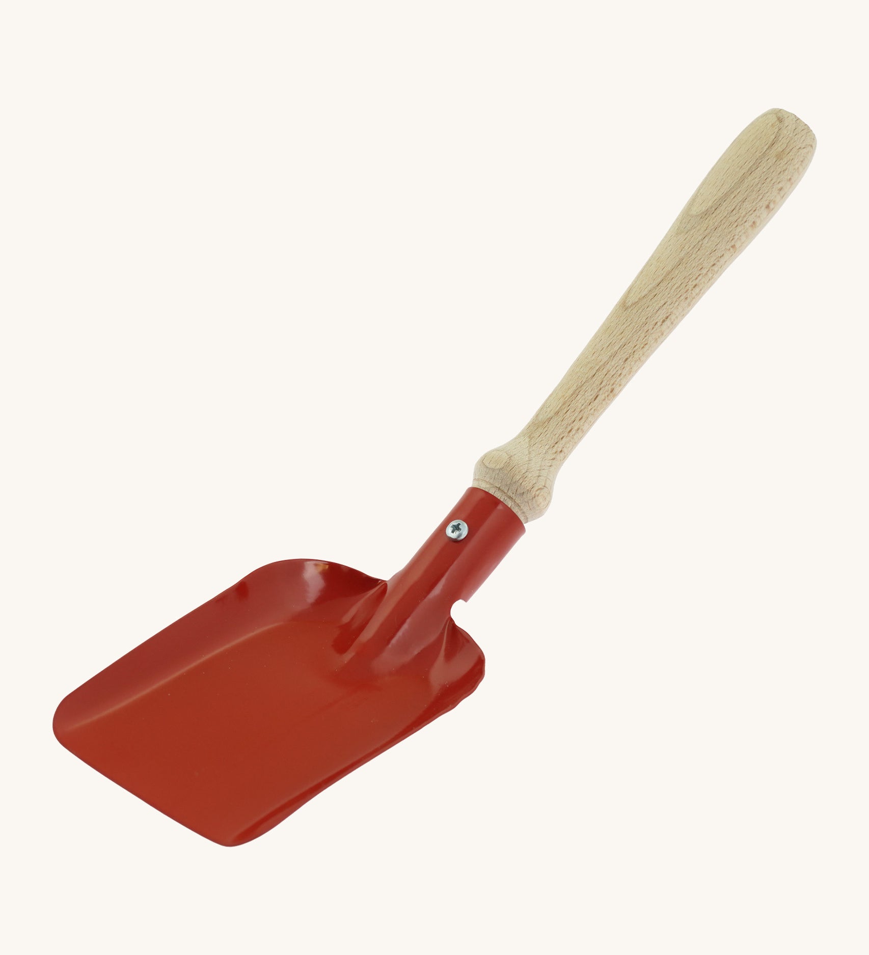Gluckskafer red metal shovel in a square shape. Features a wooden handle for grip. 