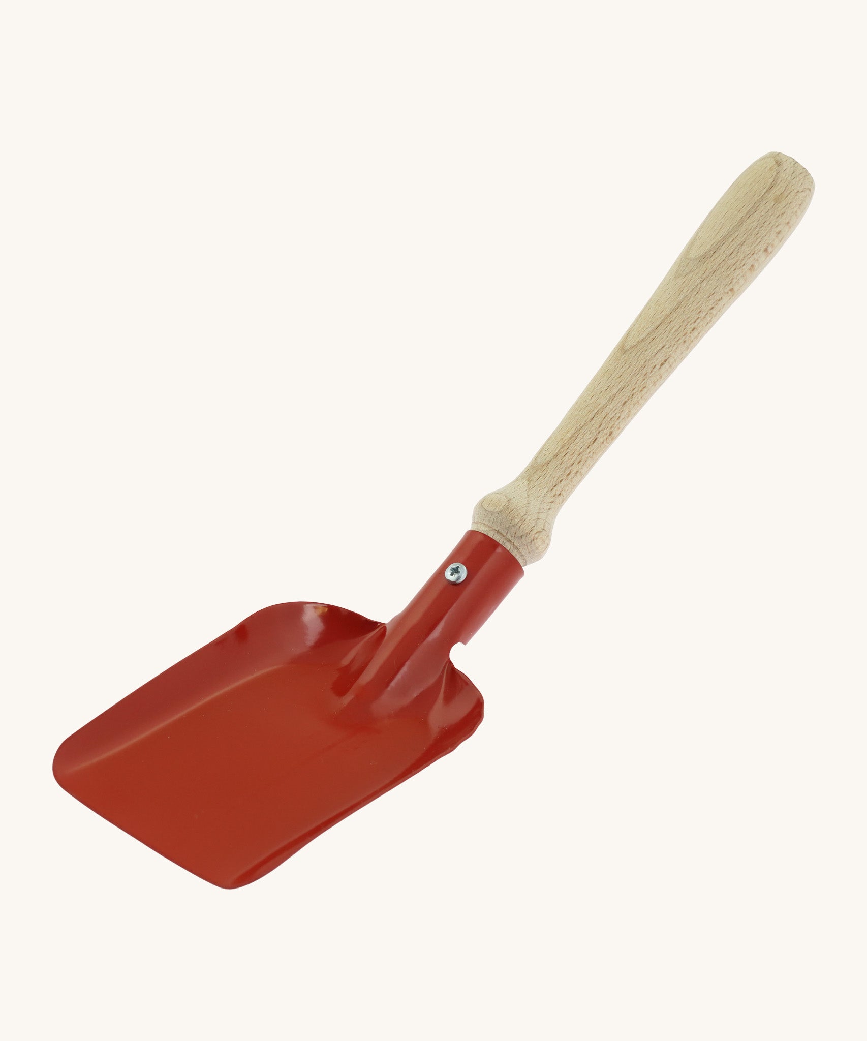 Gluckskafer red metal shovel in a square shape. Features a wooden handle for grip. 