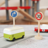 Gluckskafer miniature right turn traffic wooden sign next to a 30 speed limit sign and a playroad