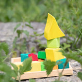 Glückskäfer Summer wooden play blocks. 11 colourful blocks stacked up on a wooden storage tray.